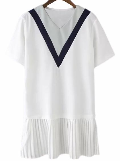 Romwe White Short Sleeve V Neck Pleated Dress