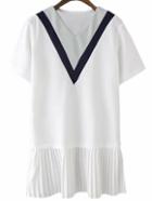 Romwe White Short Sleeve V Neck Pleated Dress