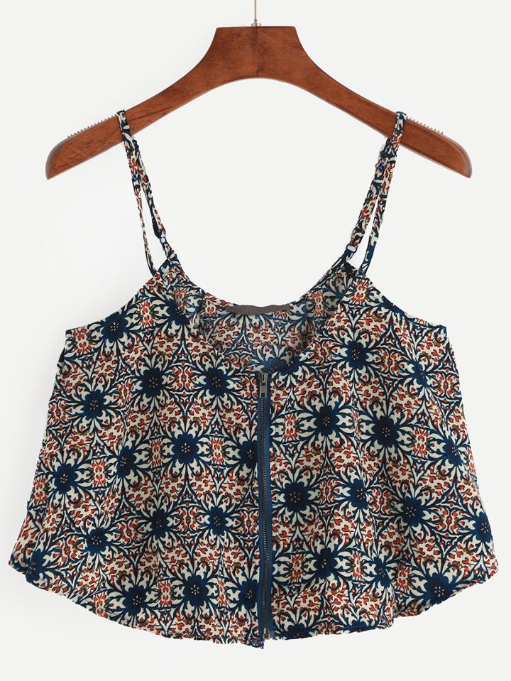 Romwe Multicolor Flower Print Zip Back Swing Cami Top