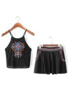 Romwe Black Spaghetti Strap Embroidery Top With Shorts