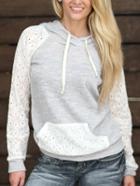 Romwe Grey Lace Sleeve And Pocket Hooded Sweatshirt