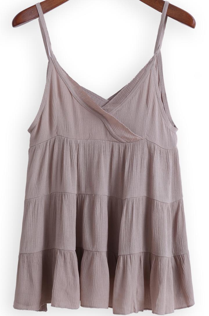 Romwe Khaki Spaghetti Strap Pleated Ruffle Cami Top