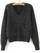 Romwe V Neck Chunky Knit Black Sweater With Pockets