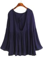 Romwe Bell Sleeve Open Back Navy Top