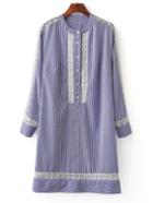Romwe Blue Button Crochet Stripe Casual Dress