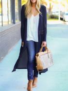 Romwe Studded Chiffon Long Navy Coat