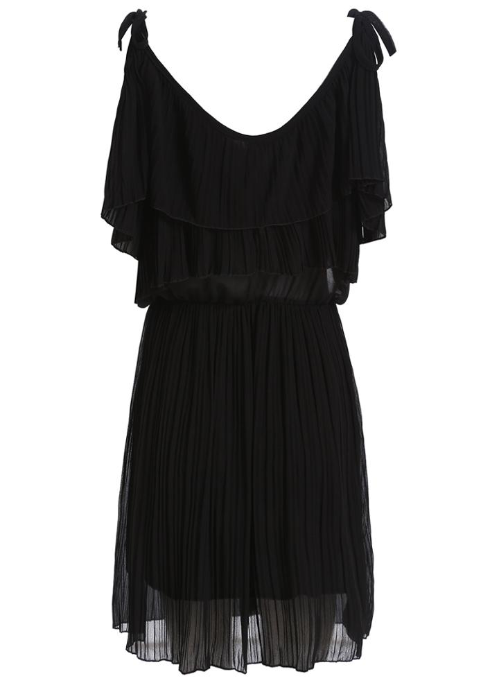 Romwe Spaghetti Strap Ruffle Pleated Black Dress