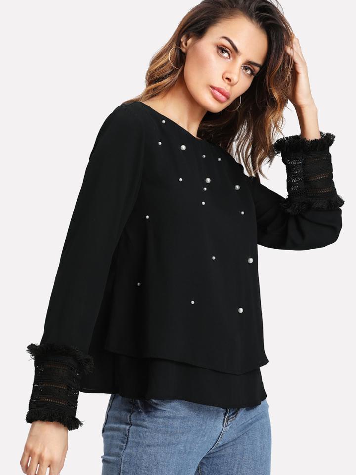 Romwe Fringe Detail Lace Cuff Pearl Beaded Top