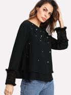 Romwe Fringe Detail Lace Cuff Pearl Beaded Top