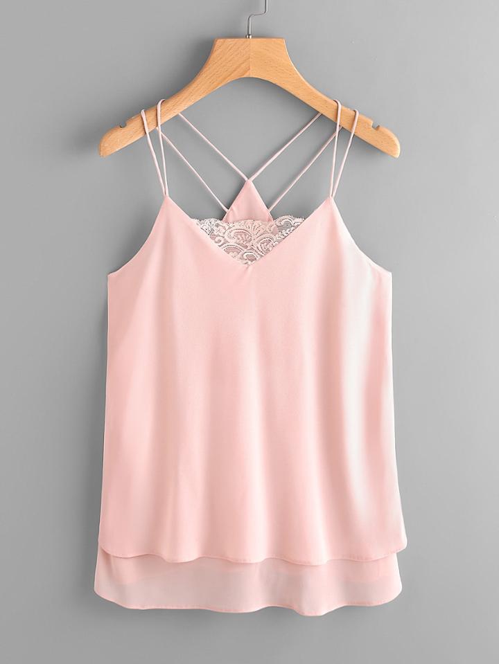 Romwe Strappy Lace Panel Layered Cami Top