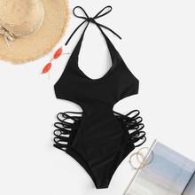 Romwe Ladder Cut-out Tie Back Halter Monokini