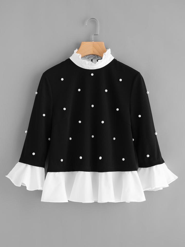 Romwe Contrast Frill Trim Pearl Embellished Top