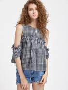 Romwe Frill Detail Cold Shoulder Drape Sleeve Checkered Trapeze Top