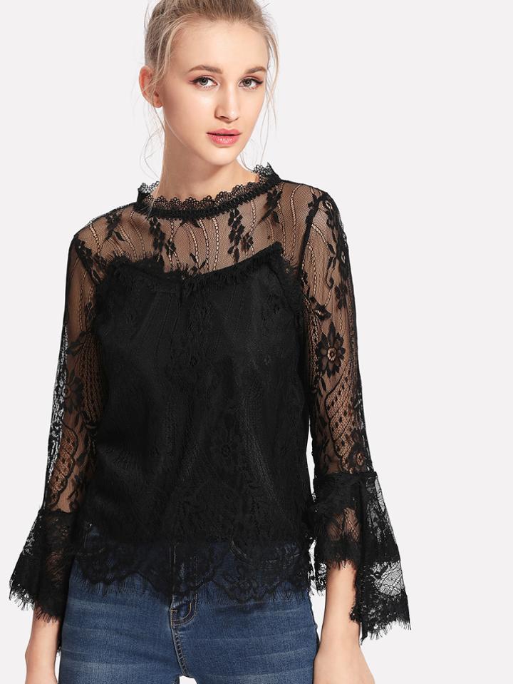 Romwe Floral Eyelash Lace Top