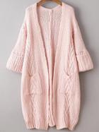 Romwe Pink Rolled Cuff Long Cardigan With Pockets