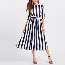 Romwe Block Striped Belted Midi Dress