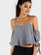 Romwe Tie Sleeve Trapeze Gingham Top
