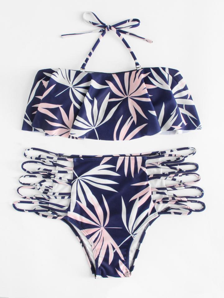 Romwe Ladder Cutout High Waist Flounce Bikini Set