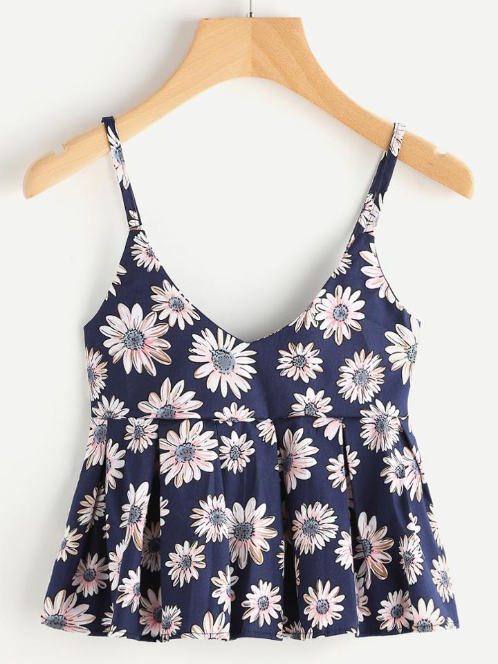 Romwe Daisy Print Pleated Cami Top