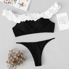 Romwe Two Tone Frill Trim Off The Shoulder Bikini Set