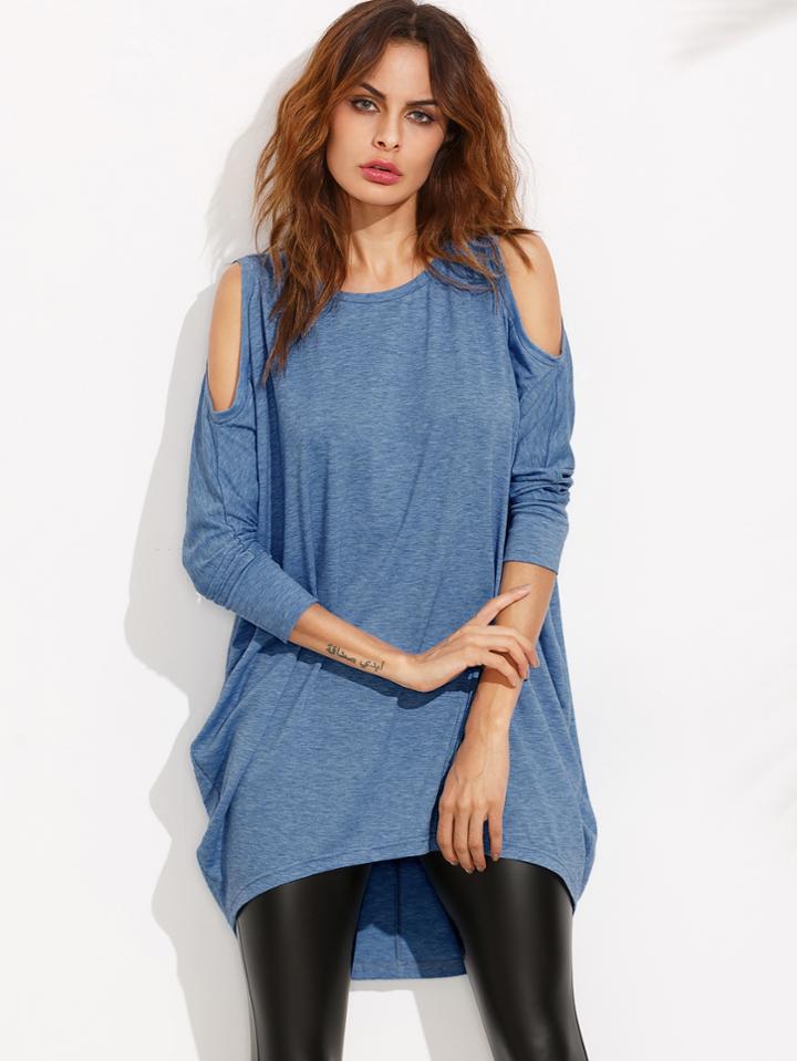 Romwe Blue Cold Shoulder Three Quarter Sleeve High Low Dress