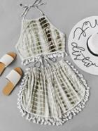 Romwe Water Color Tie Open Back Fringe Trim Top With Shorts