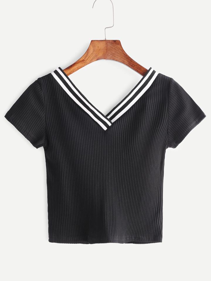 Romwe Black Contrast Trim Double V Neck Crop T-shirt