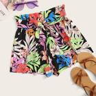 Romwe Tropical Print Tie Front Paperbag Waist Shorts