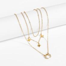 Romwe Rhinestone Moon & Star Layered Chain Necklace
