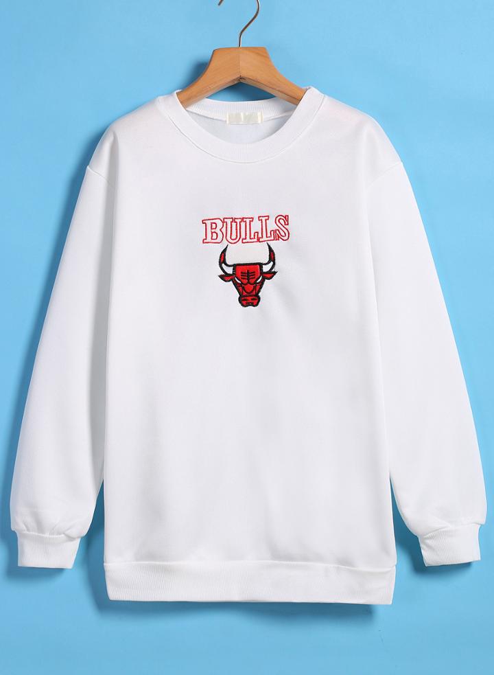 Romwe Bull Embroidered Loose White Sweatshirt