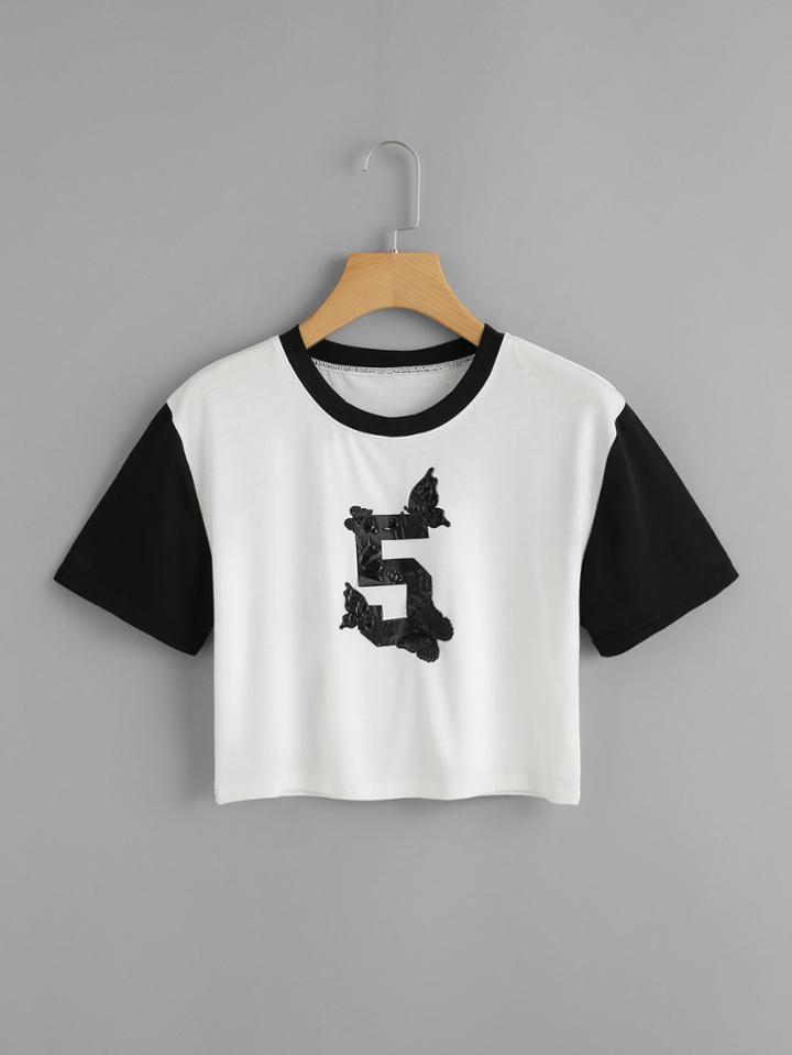Romwe Number Patch Contrast Sleeve Crop Tee