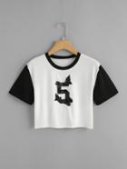 Romwe Number Patch Contrast Sleeve Crop Tee