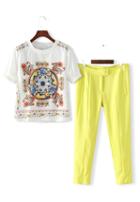 Romwe Short Sleeve Florals Top With Slim Pant