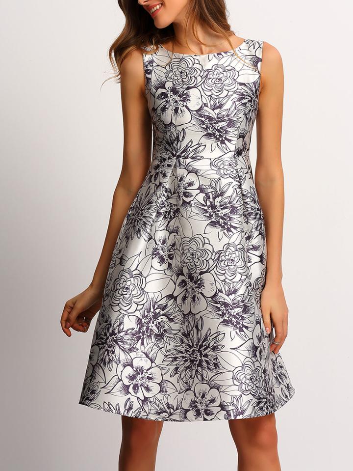 Romwe Flower Print A-line Dress With Zipper