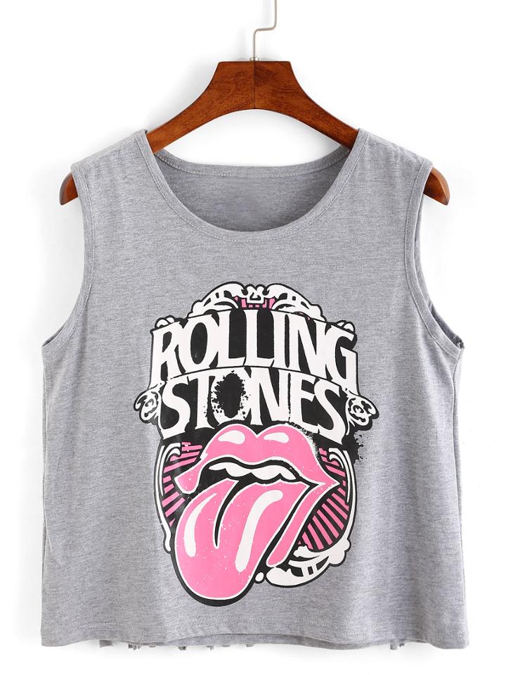 Romwe Rolling Stone Tongue Print Fringe Tank Top