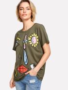 Romwe Facing And Flower Print Tee