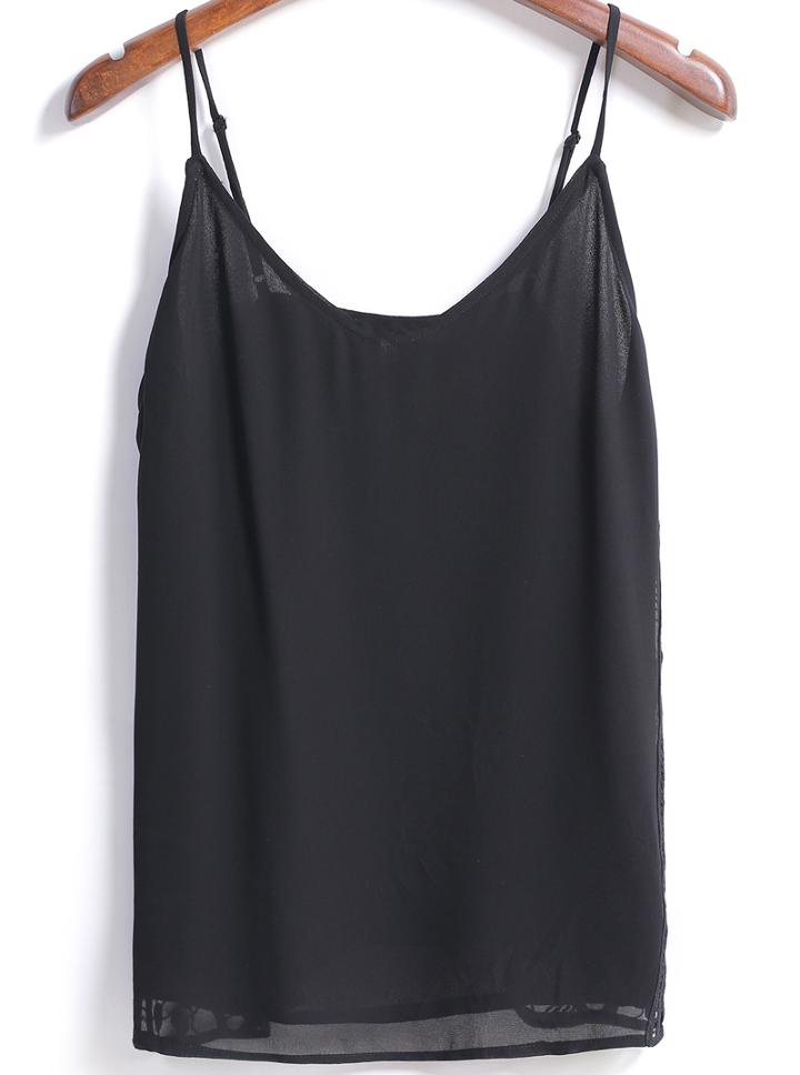 Romwe Spaghetti Strap Lace Insert Black Vest