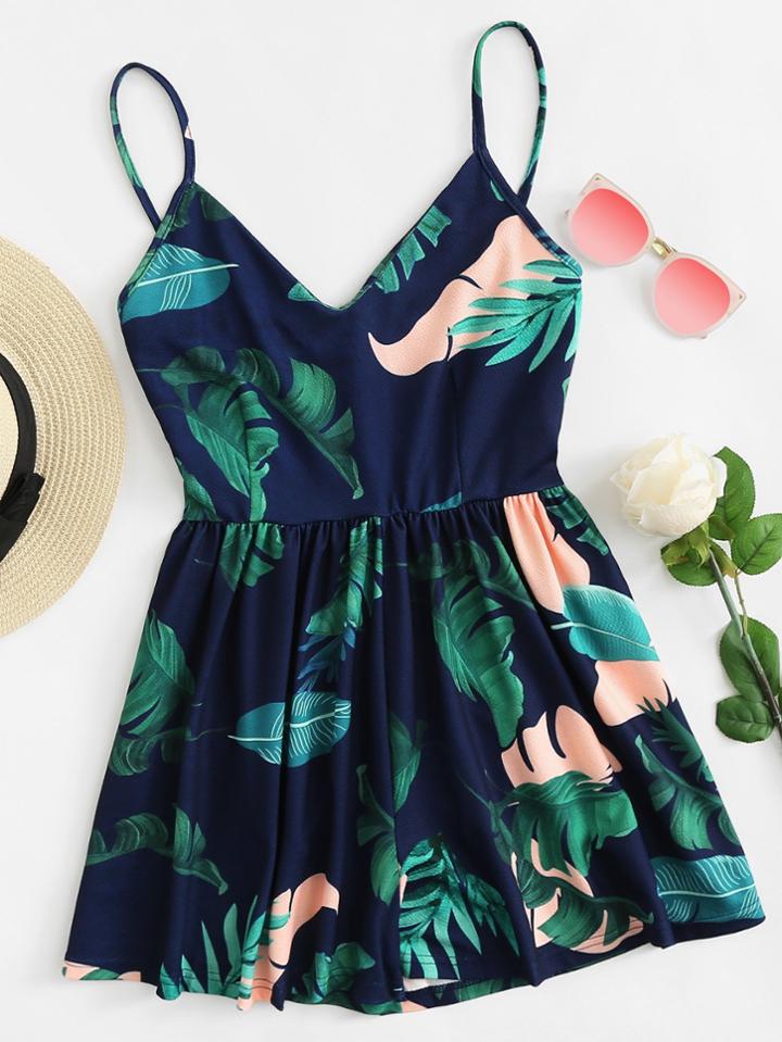 Romwe Leaf Print Cami Romper