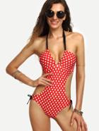 Romwe Halter Neck Polka Dot Print Cutout Monokini - Red