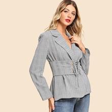 Romwe Lace Up Notched Neck Plaid Coat