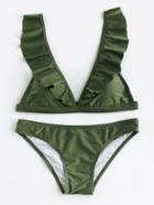 Romwe Ruffle Trim Plunge Neckline Bikini Set