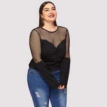 Romwe Plus Solid Fishnet Panel Tee