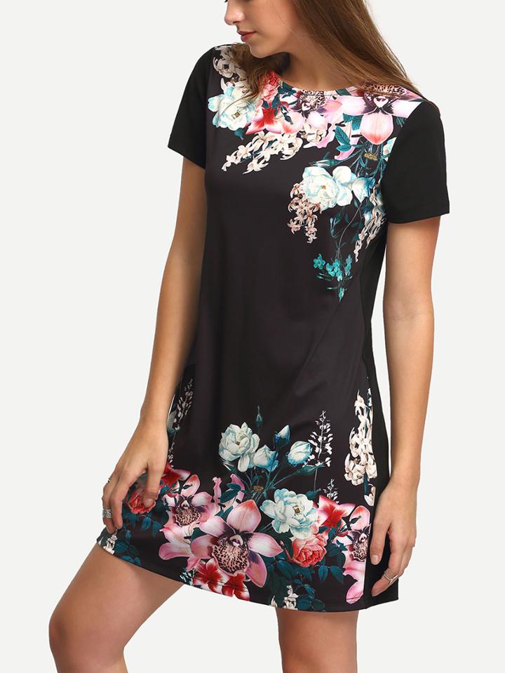 Romwe Black Round Neck Floral Print Vintage Dress