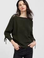 Romwe Army Green Lace Up Sleeve Sweater