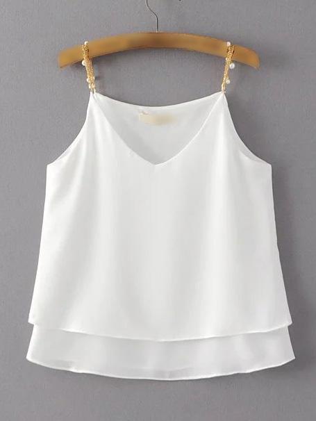 Romwe White V Neck Chain Pattern Strap Layer Chiffon Vest