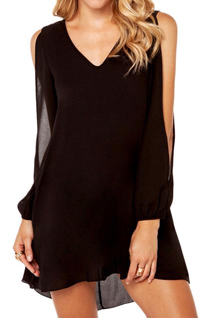 Romwe Cut-out Shoulder Black Chiffon Dress