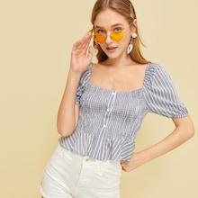 Romwe Striped Shirred Ruffle Hem Blouse