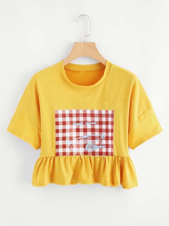 Romwe Drop Shoulder Ruffle Hem Crop Tee