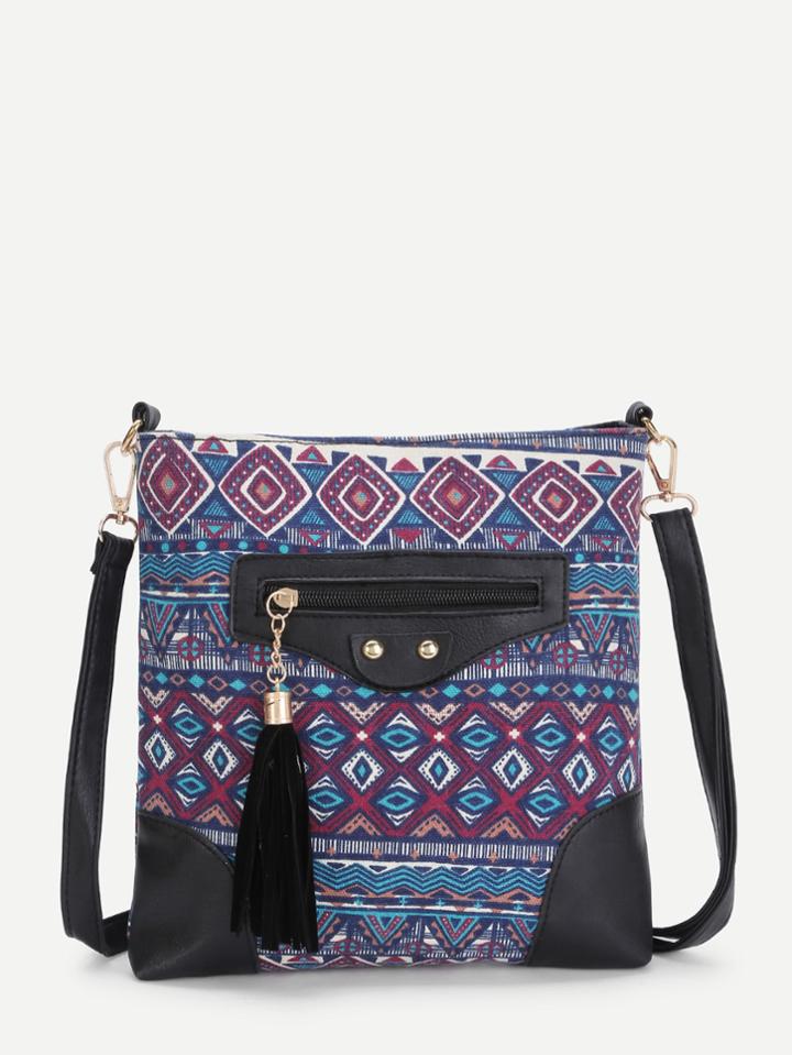 Romwe Geometric Print Cross Body Bag With Tassel