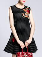 Romwe Black Embroidered Striped Frill Dress